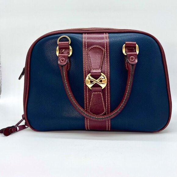 Vintage Carryland Satchel Bag Navy Burgundy Faux Leather Structured Handbag - Picture 1 of 11
